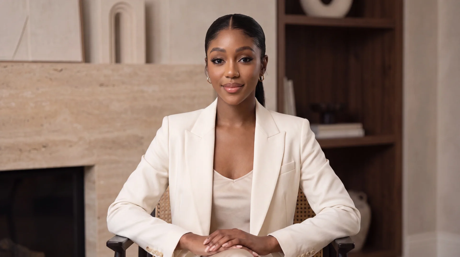 Vyntara Global founder seated in a calm, neutral-toned studio interior