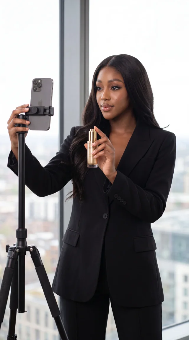 AI-generated creator filming a skincare product beside a city window