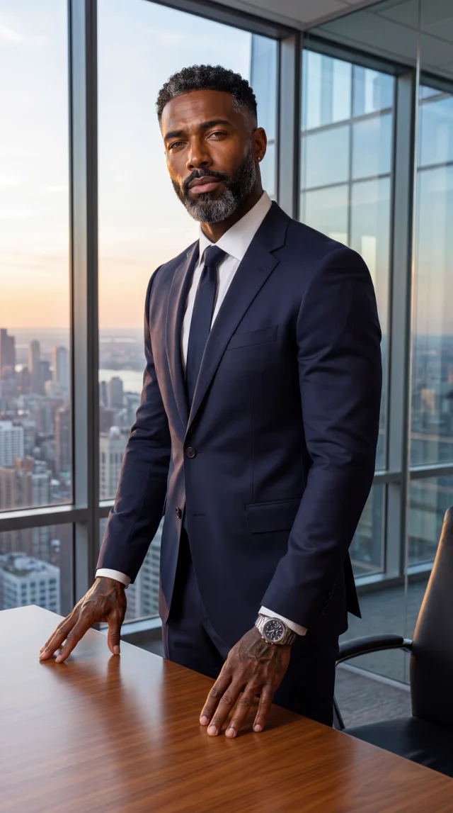 AI-generated executive portrait in a navy suit in a skyline boardroom