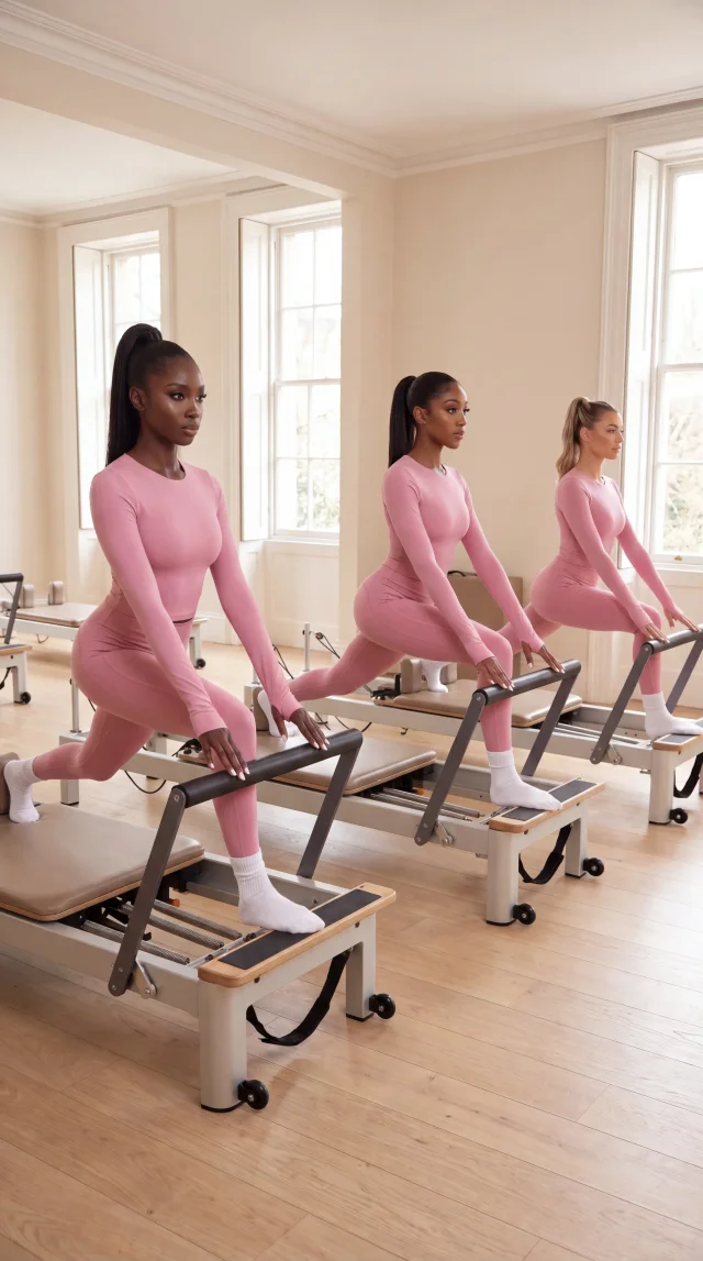 Three AI-generated models in pink activewear training on reformer machines in a bright studio