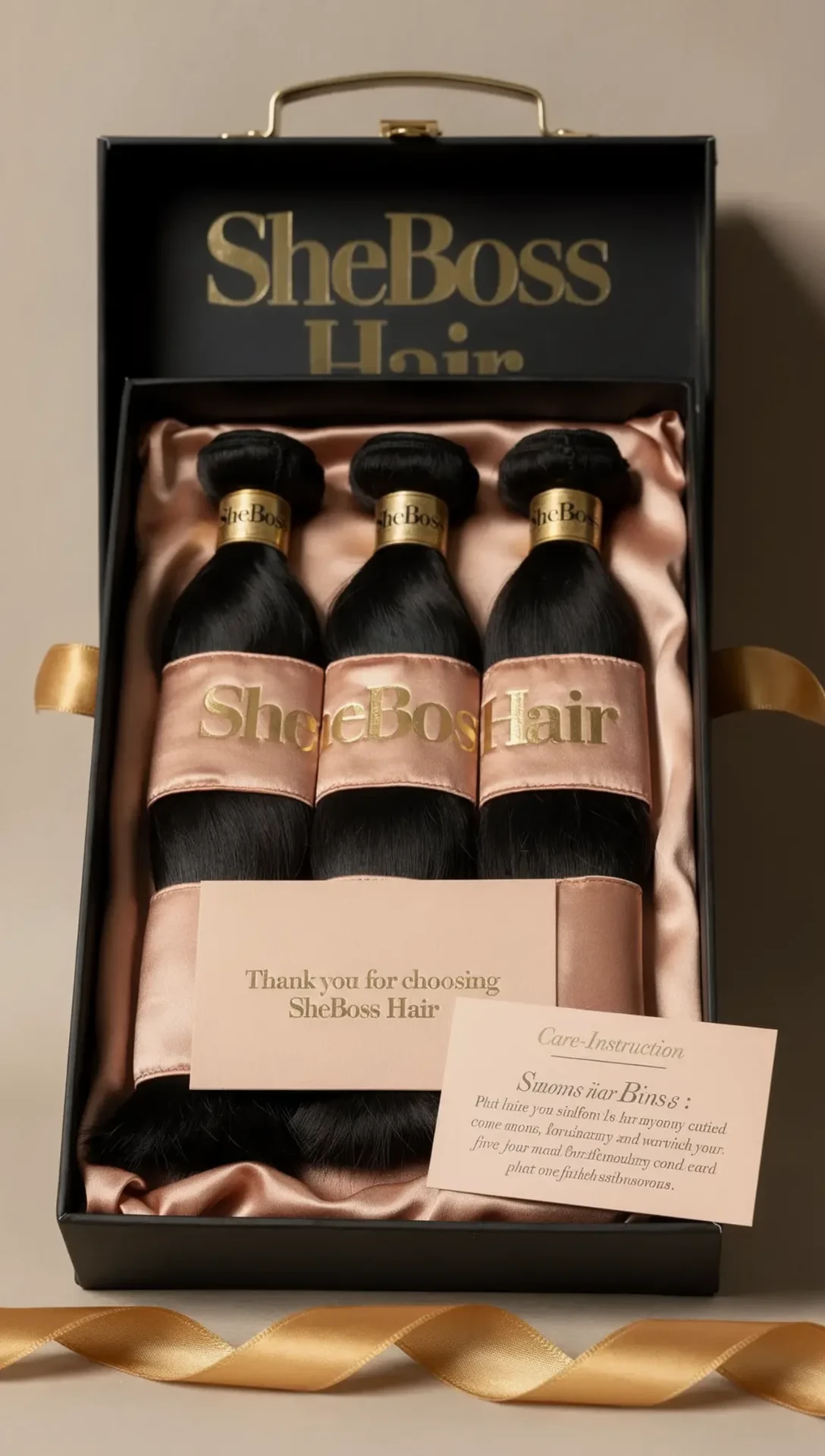 AI-generated SheBoss Hair luxury presentation box with three hair bundles on rose satin