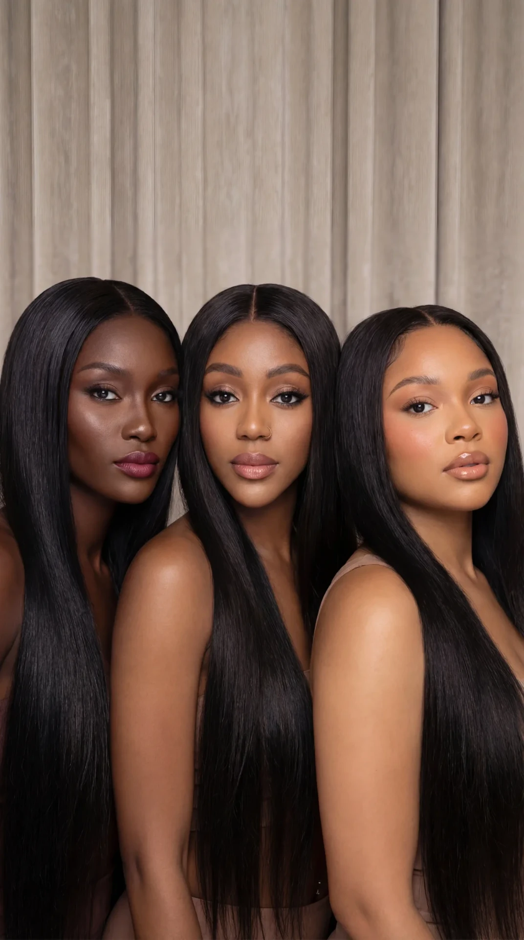 Three AI-generated models with long straight hair in a neutral studio setting