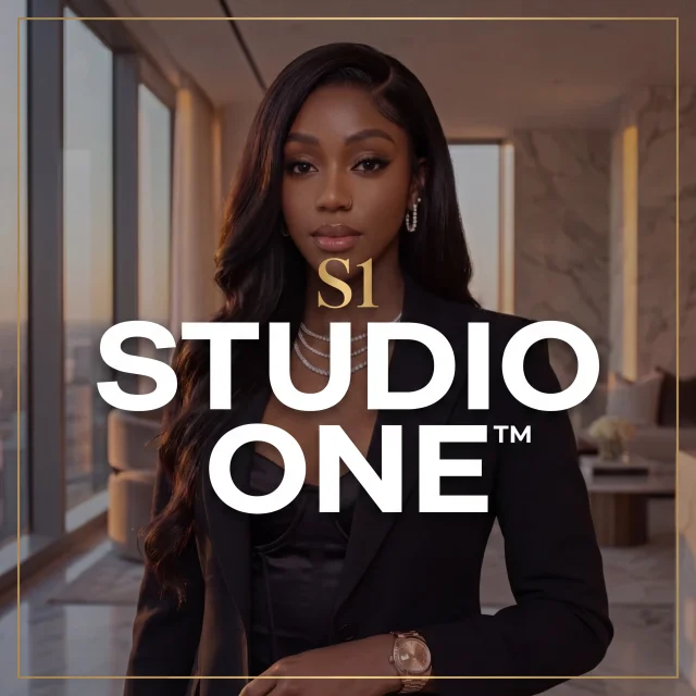 Studio One product thumbnail, white lettering over a portrait in a luxury high-rise interior